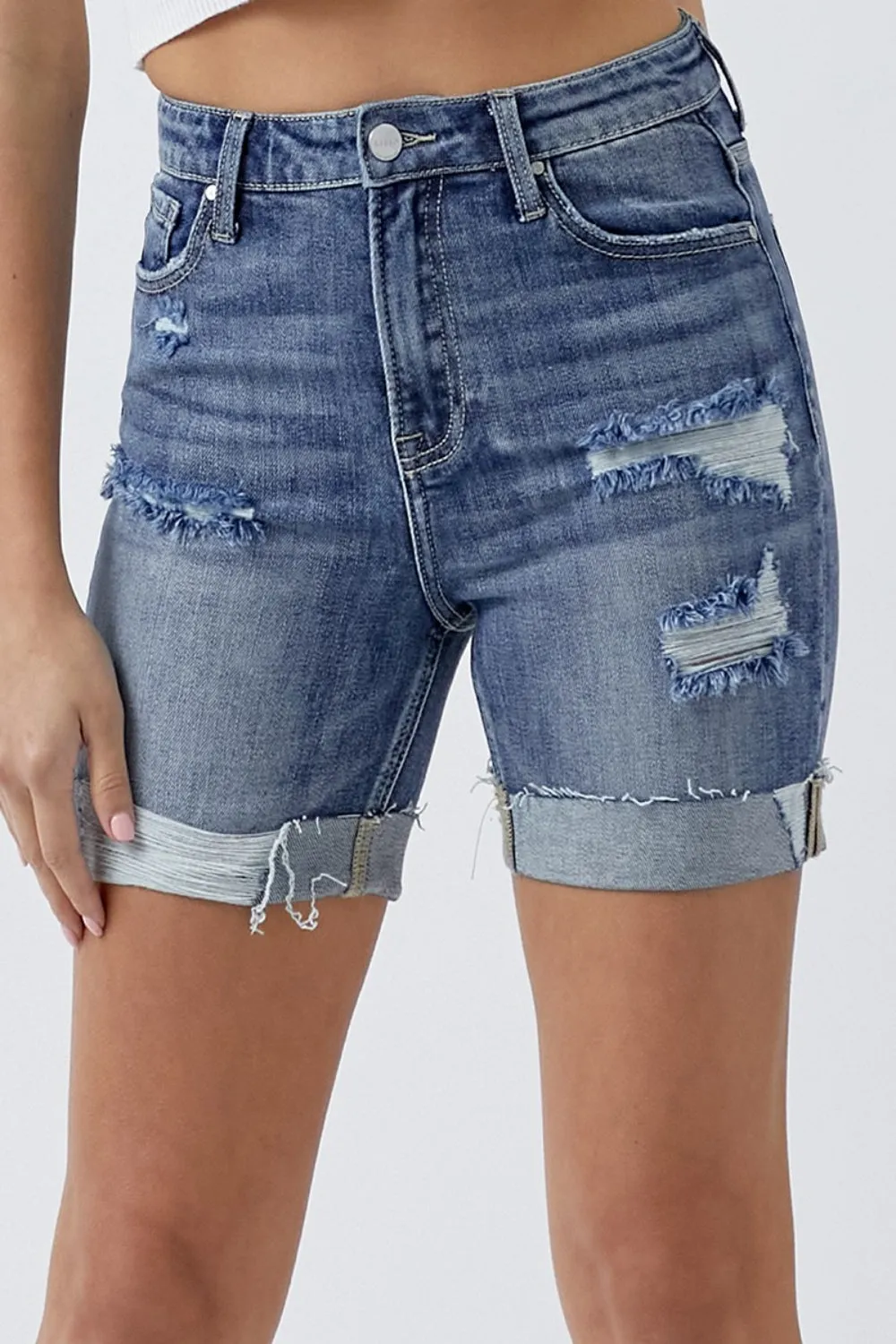 Amelya Distressed Rolled Denim Shorts