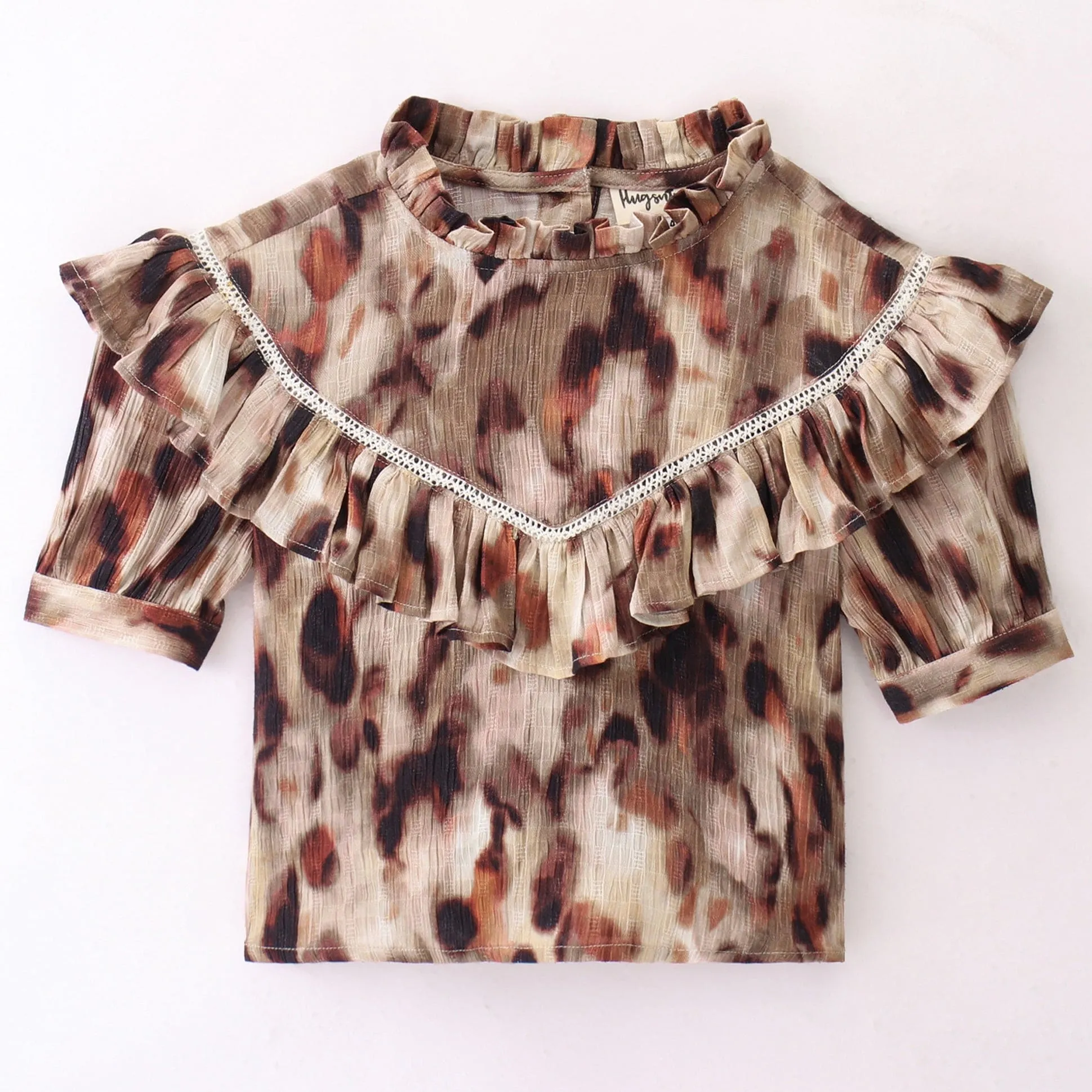 Animal print Cotton top with ladder lace at yoke seam n frills along the yoke-Brown