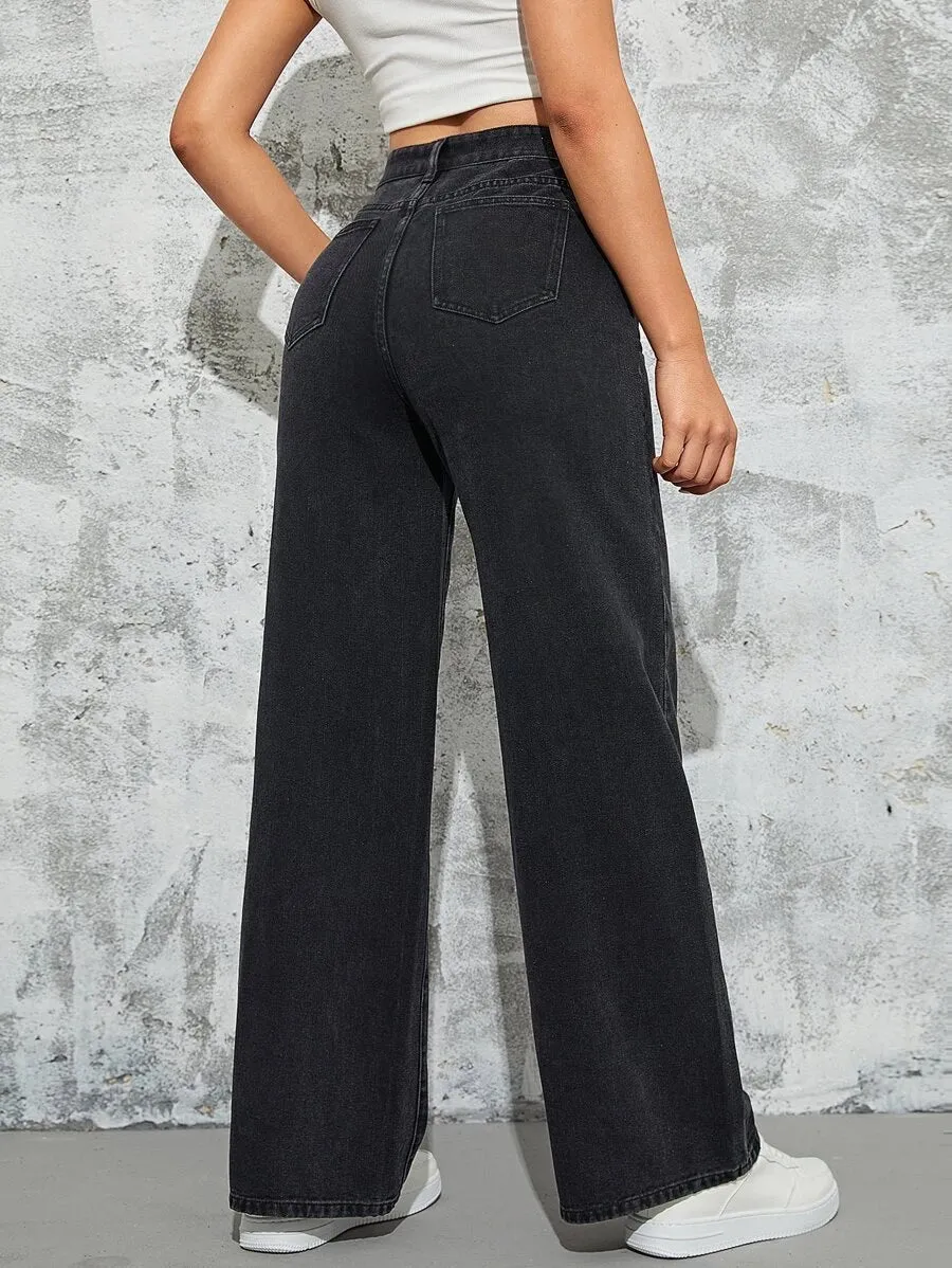 Ash Black Korean Rigid wide leg jeans