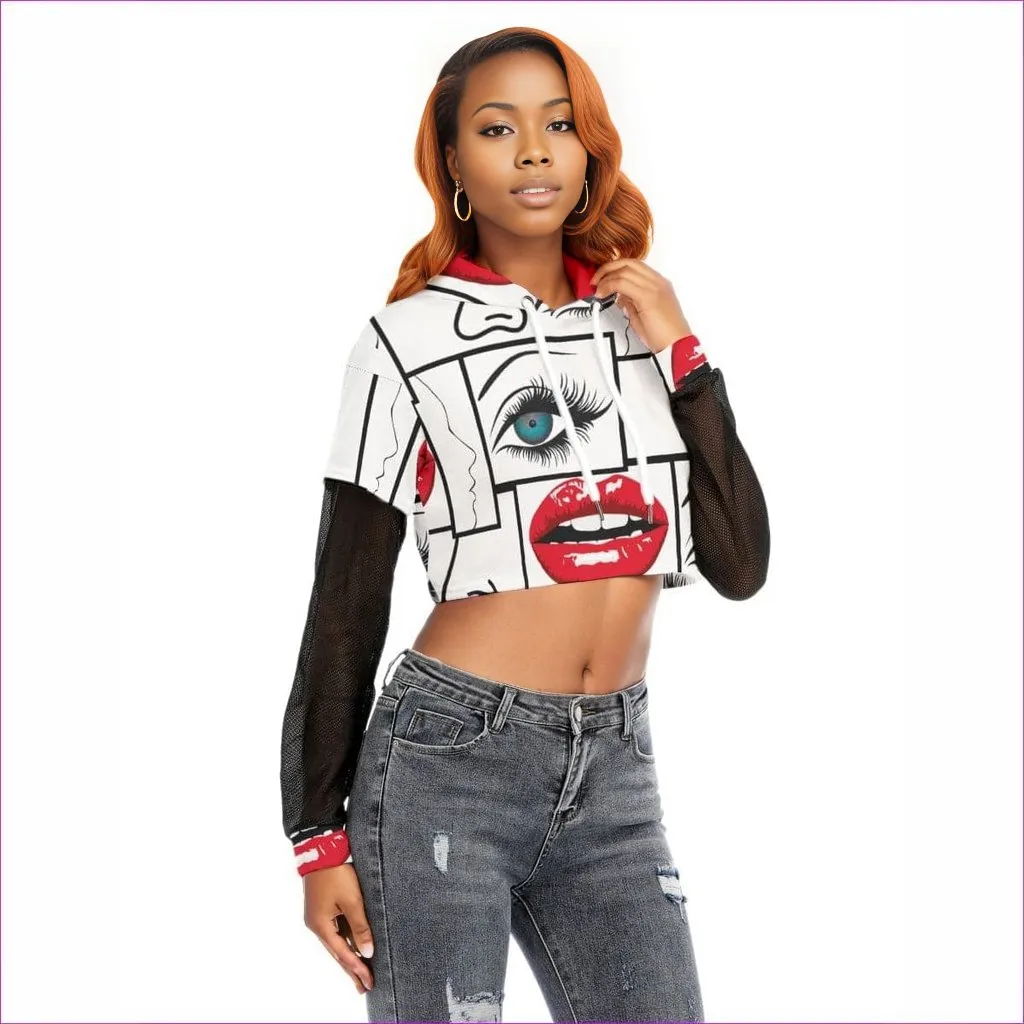 Attributes Womens Fake Two-piece Mesh Sleeve Cropped Hoodie