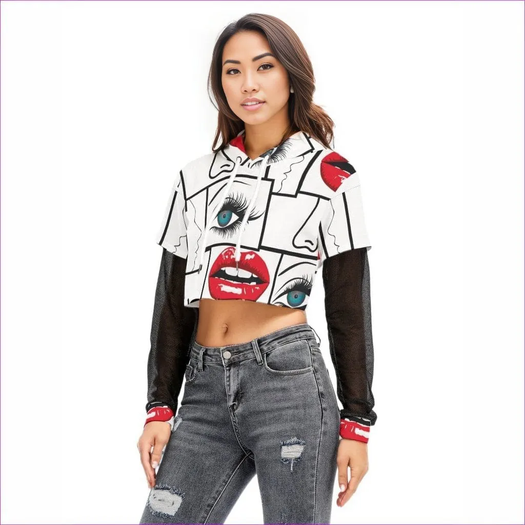 Attributes Womens Fake Two-piece Mesh Sleeve Cropped Hoodie