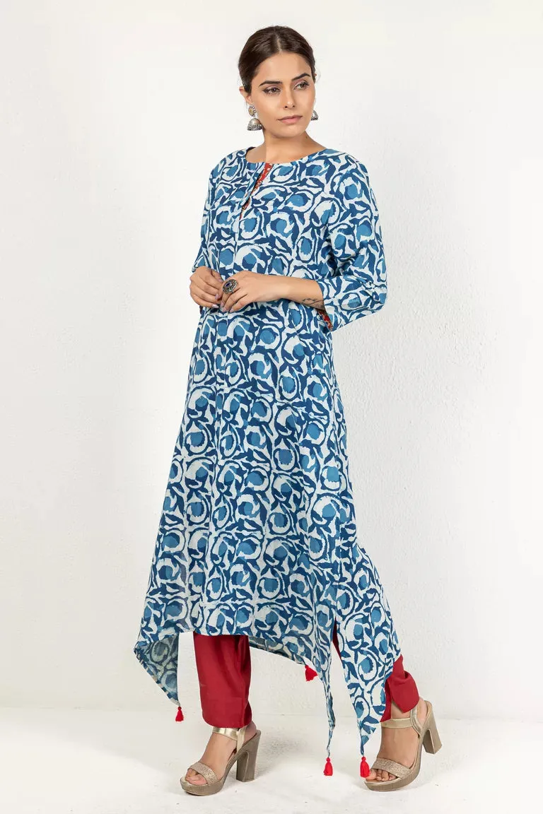 Blue-Colored Indigo Hand Block Dabu Printed Kurta