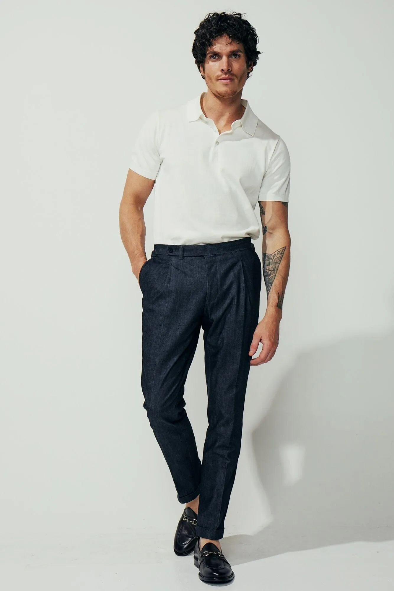 Como Trouser (Pleated) - Cotton Cashmere Denim Stretch