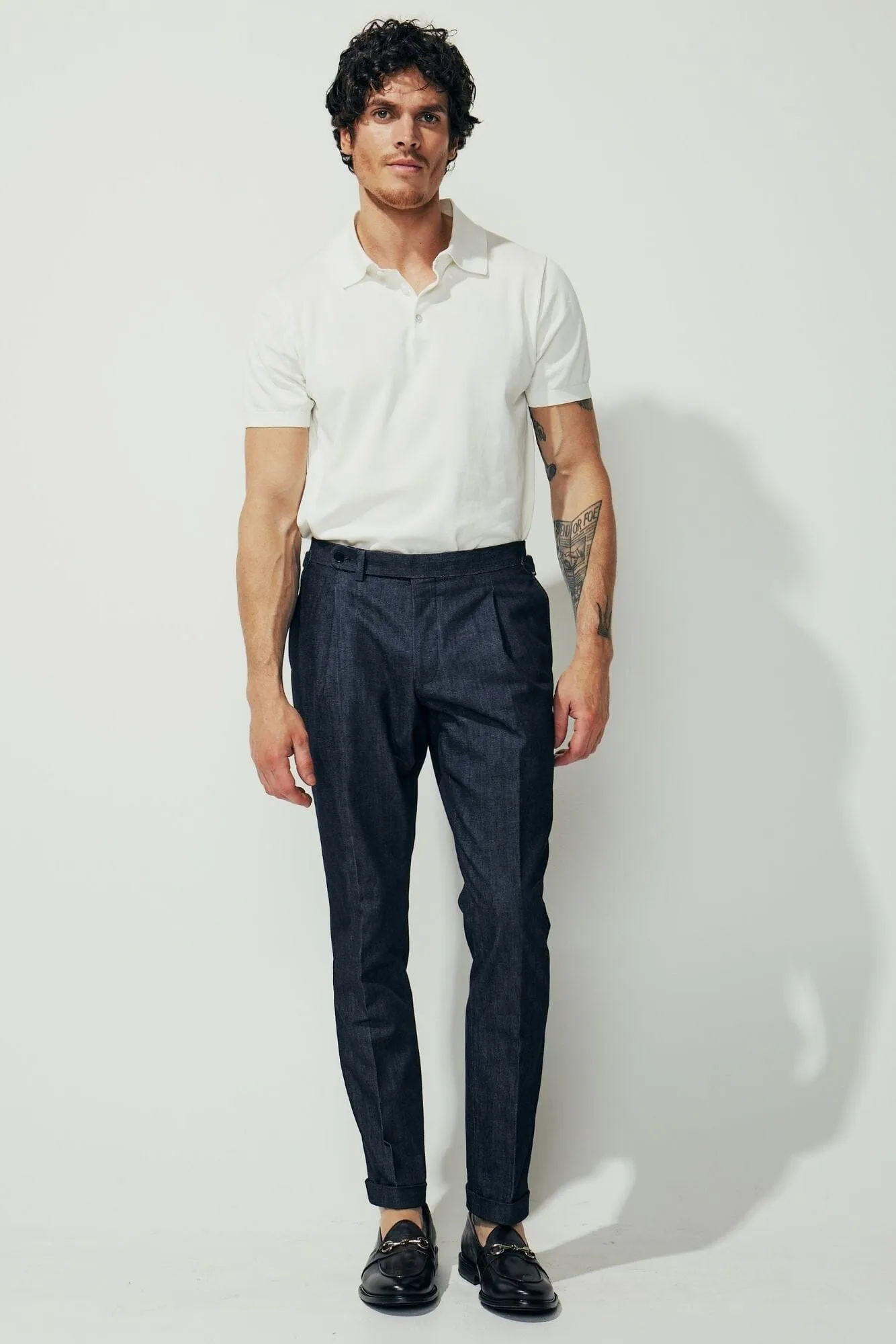 Como Trouser (Pleated) - Cotton Cashmere Denim Stretch