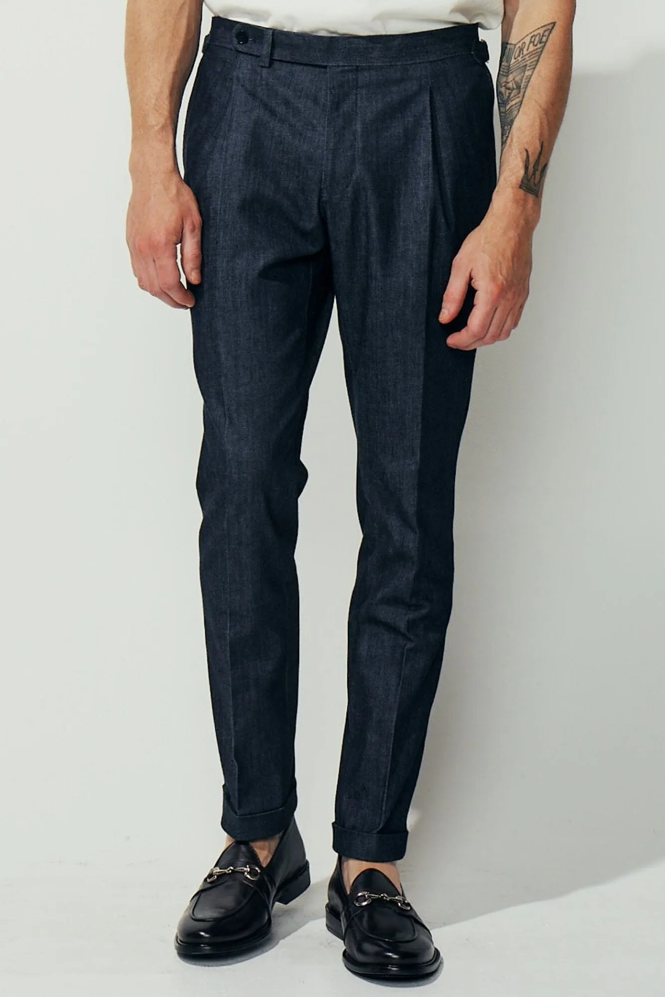 Como Trouser (Pleated) - Cotton Cashmere Denim Stretch