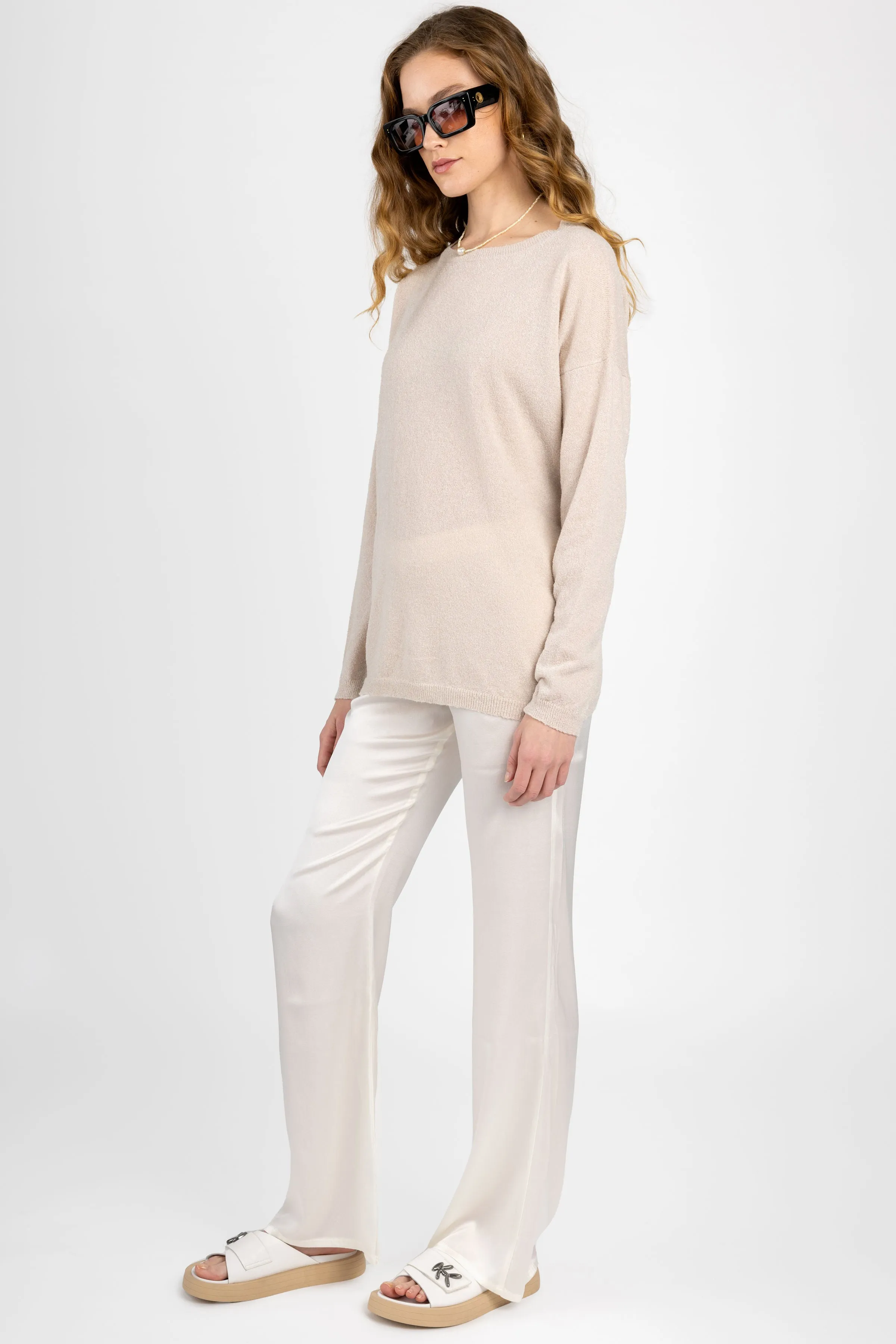 Cotton Silk Crewneck Pullover Sweater in Pearl