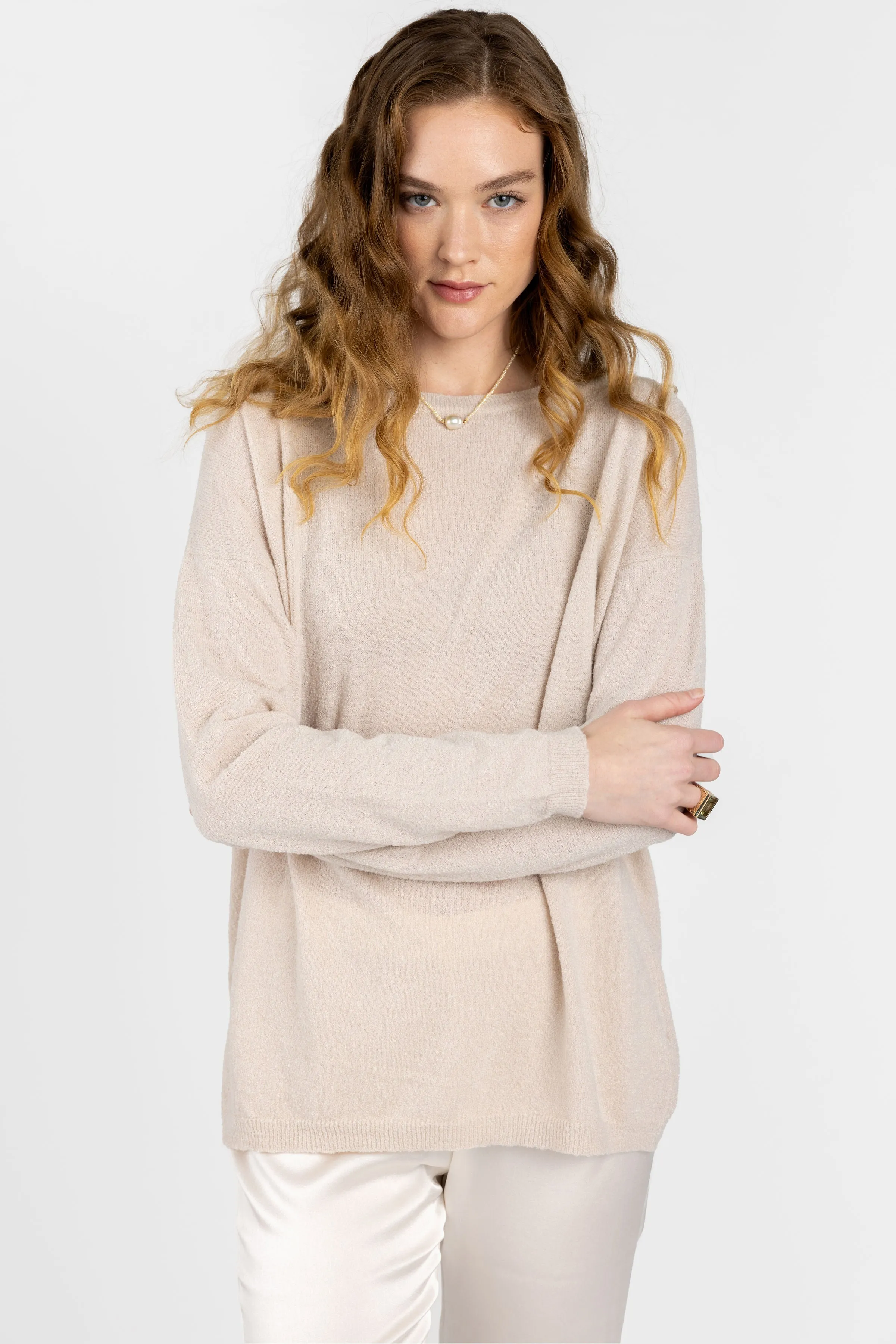 Cotton Silk Crewneck Pullover Sweater in Pearl