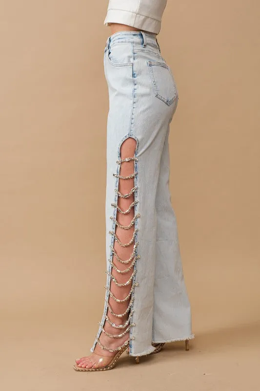 Cut Out At Side with Jewel Trim Stretch Denim Jeans