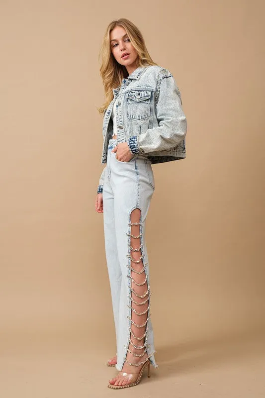 Cut Out At Side with Jewel Trim Stretch Denim Jeans