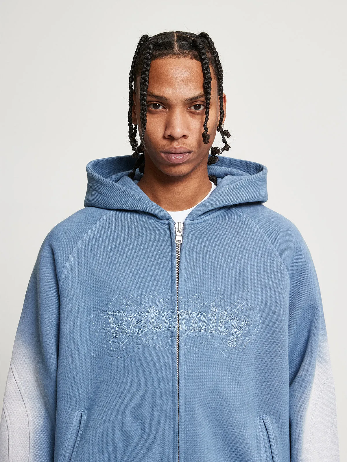 EMBROIDERED ZIP-HOODIE - FADED BLUE-GREY