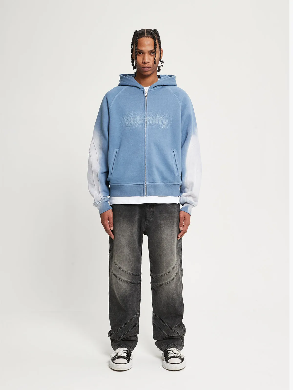 EMBROIDERED ZIP-HOODIE - FADED BLUE-GREY