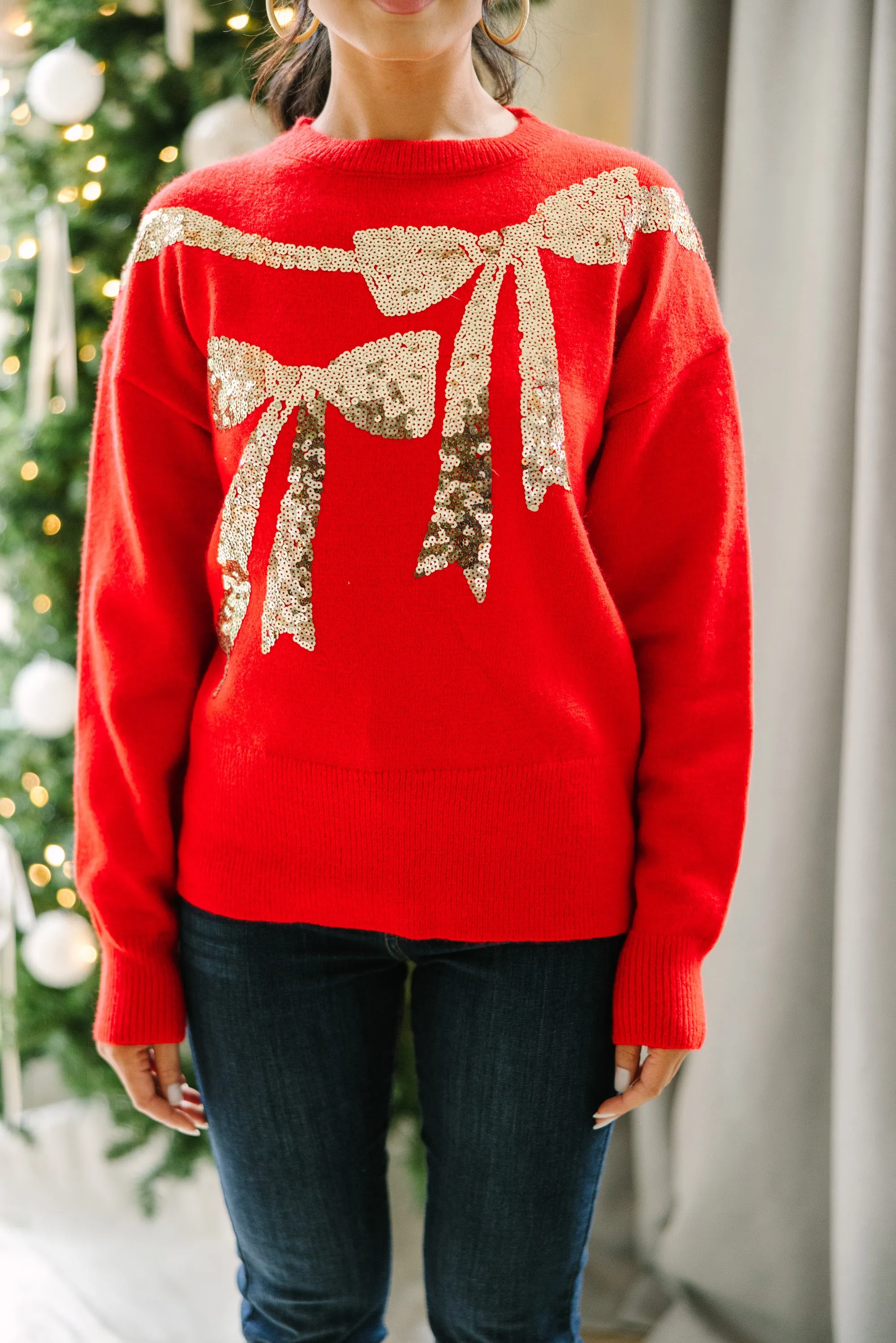 Feeling Present Red Sequin Bow Sweater