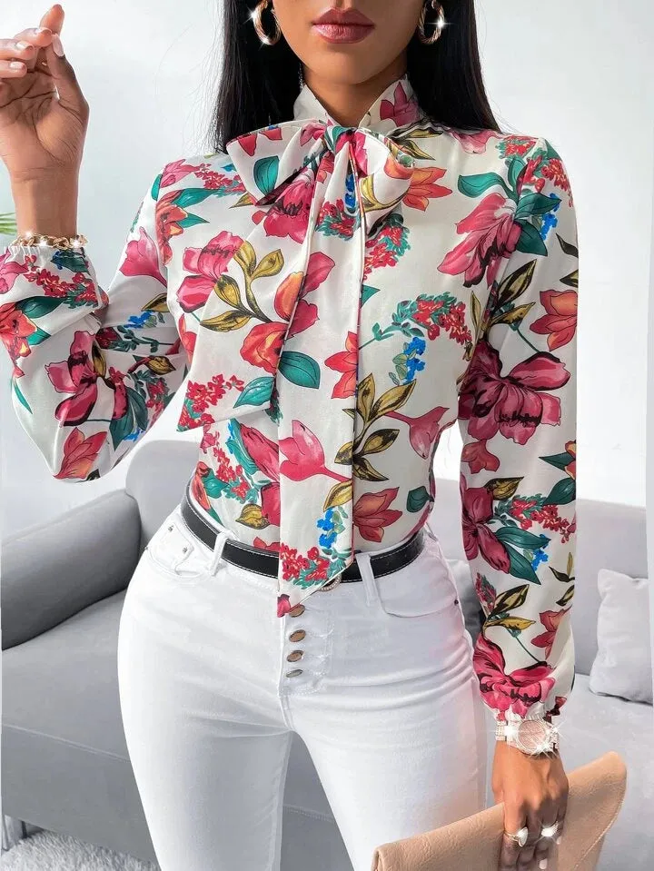 Floral print tie neck blouse in multi