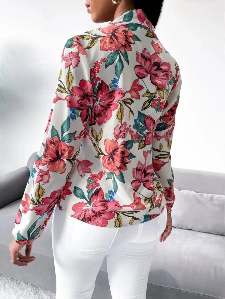 Floral print tie neck blouse in multi