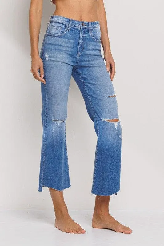 High Rise Cropped Flare Jeans with Raw Hem