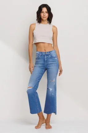 High Rise Cropped Flare Jeans with Raw Hem