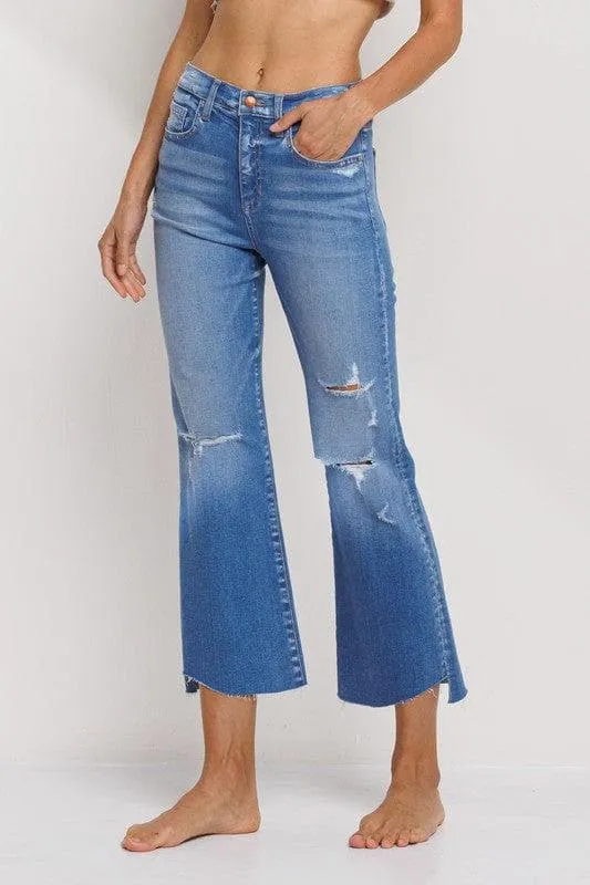 High Rise Cropped Flare Jeans with Raw Hem