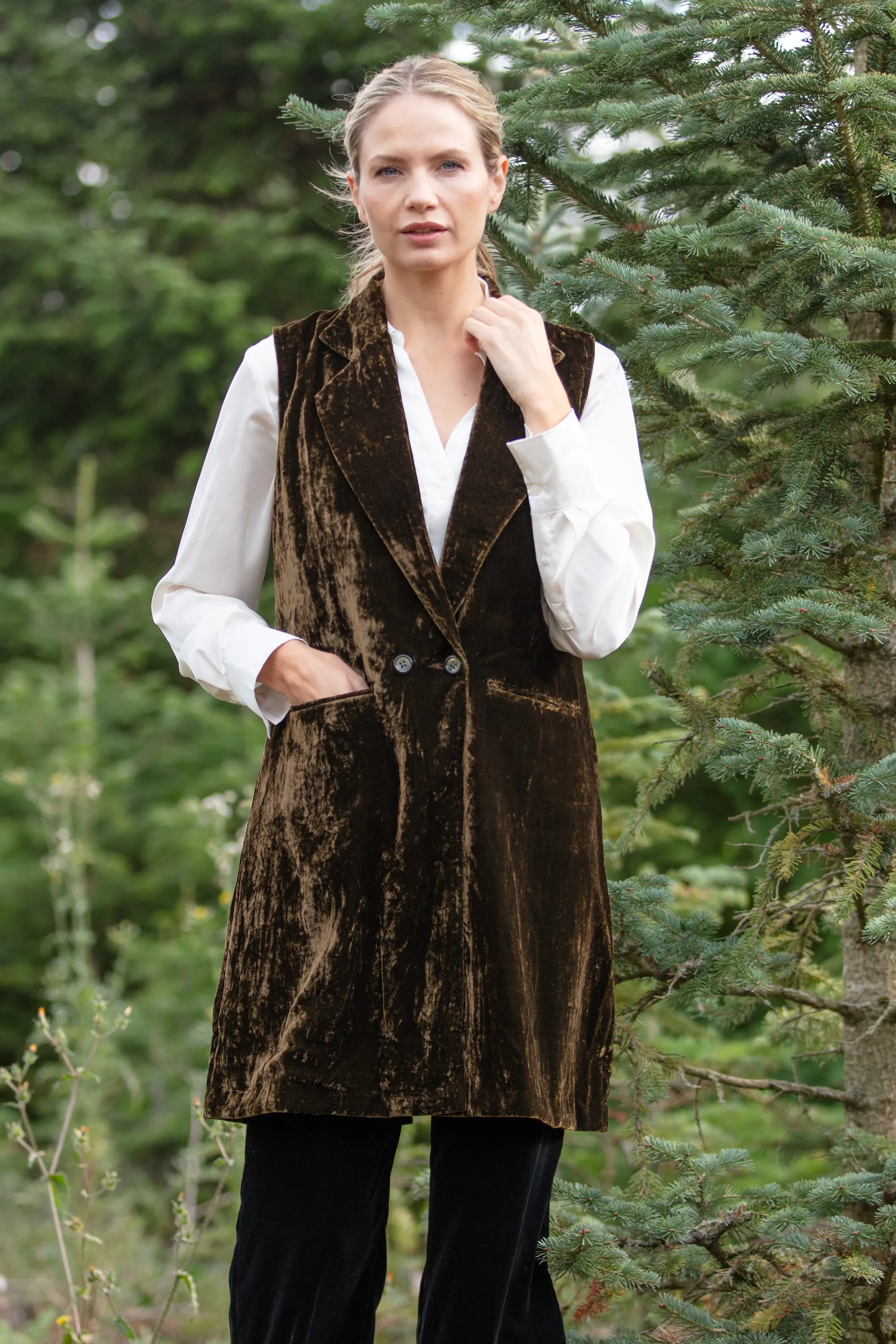 Long Silk Velvet Waistcoat In Olive Green