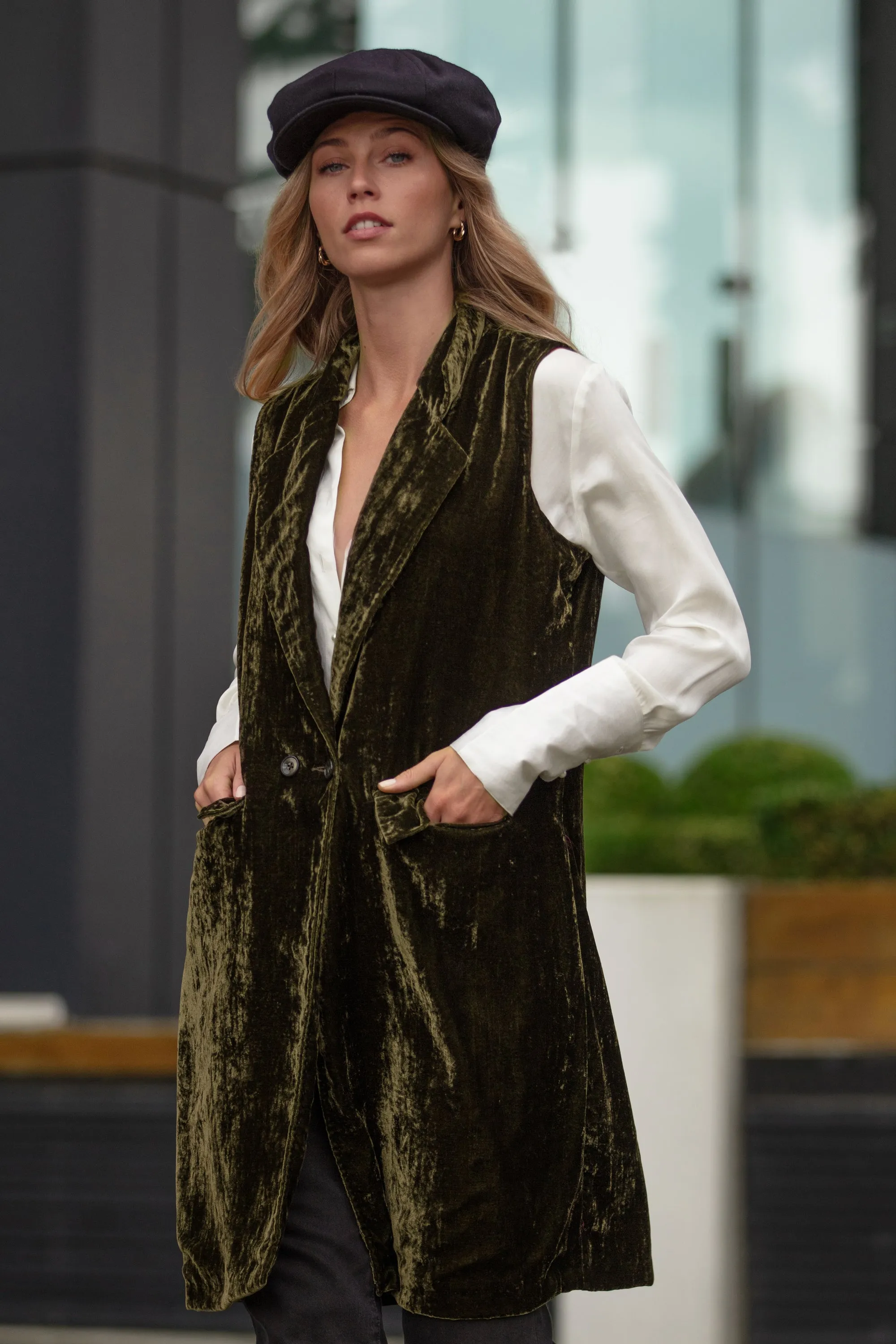 Long Silk Velvet Waistcoat In Olive Green