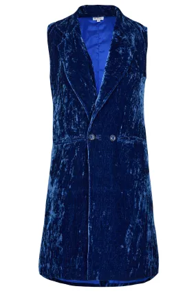 Long Silk Velvet Waistcoat In Sapphire Blue