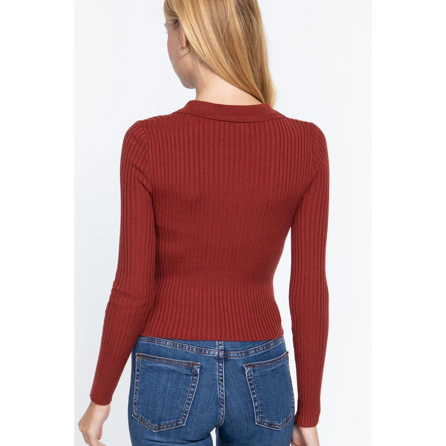 Notched Collar Zippered Sweater