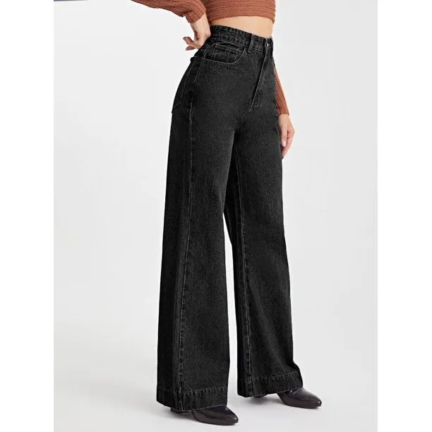 Onyx Black Stone Wash Wide Leg High Rise Jeans