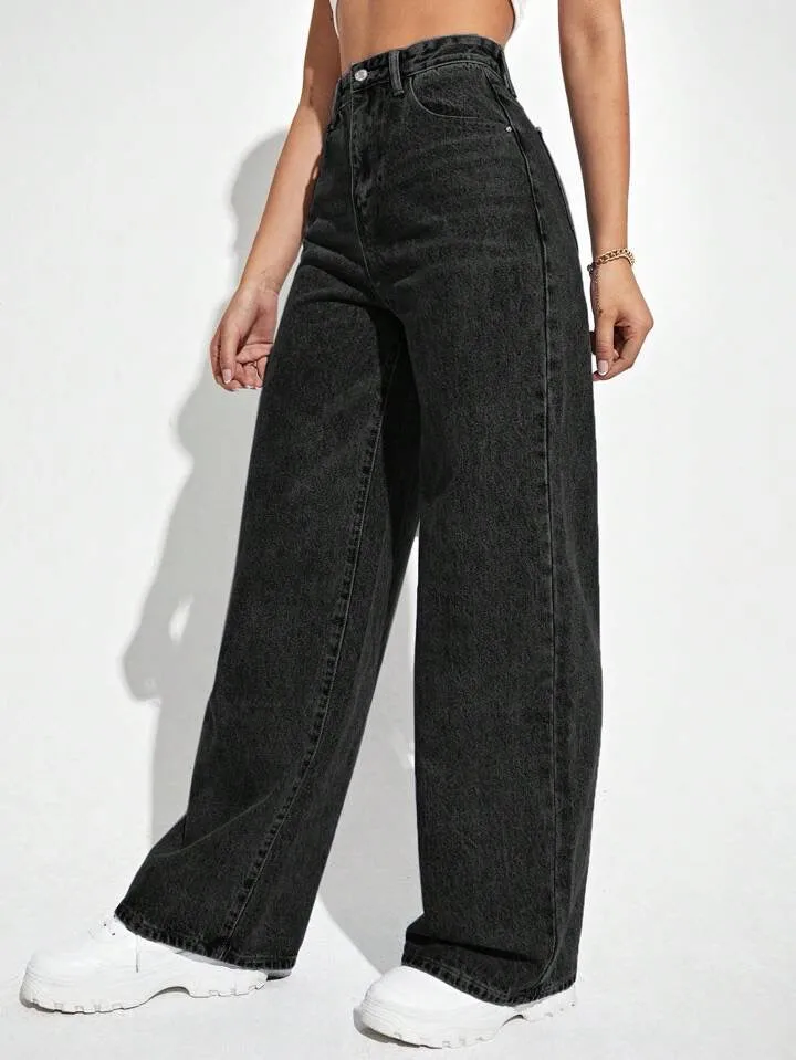 Onyx Black Stone Wash Wide Leg High Rise Jeans