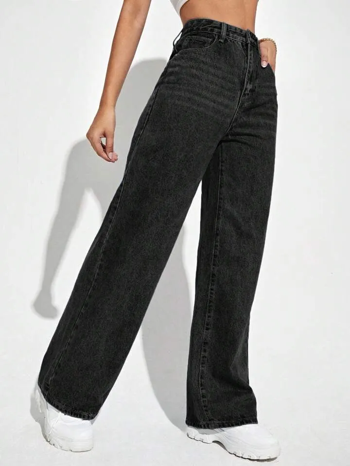 Onyx Black Stone Wash Wide Leg High Rise Jeans