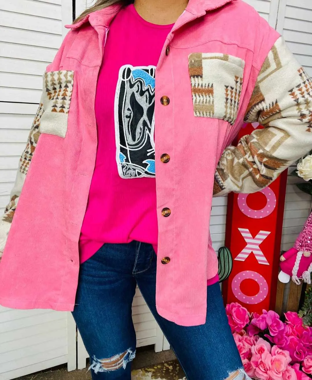 Pink Shacket with cream tribal sleeves