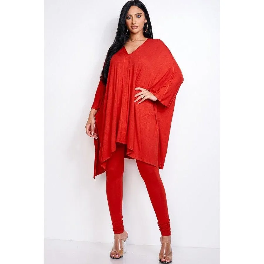 Solid Heavy Rayon Spandex Cape Top And And Leggings 2 Piece Set