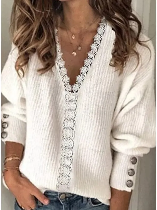 Stay Stylish and Warm with Women's Knitted Lace Trim Pullover Sweater