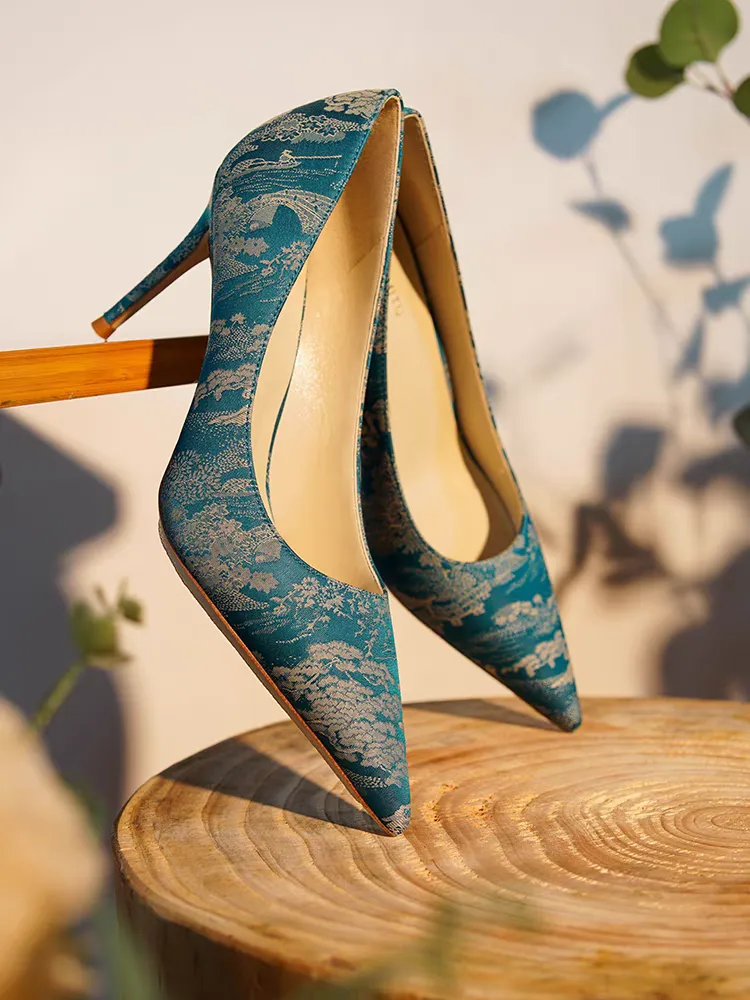 The Lan Oriental Blue Floral Heels