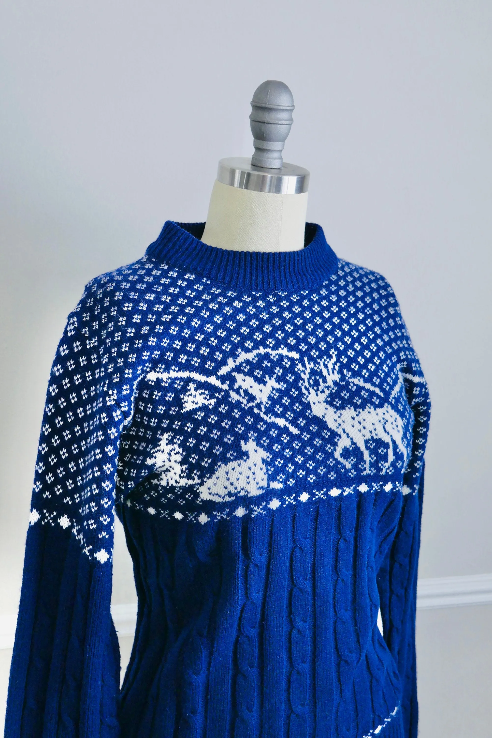 Vintage 1980s Blue Novelty Print Sweater / 80s cable knit pullover Size M